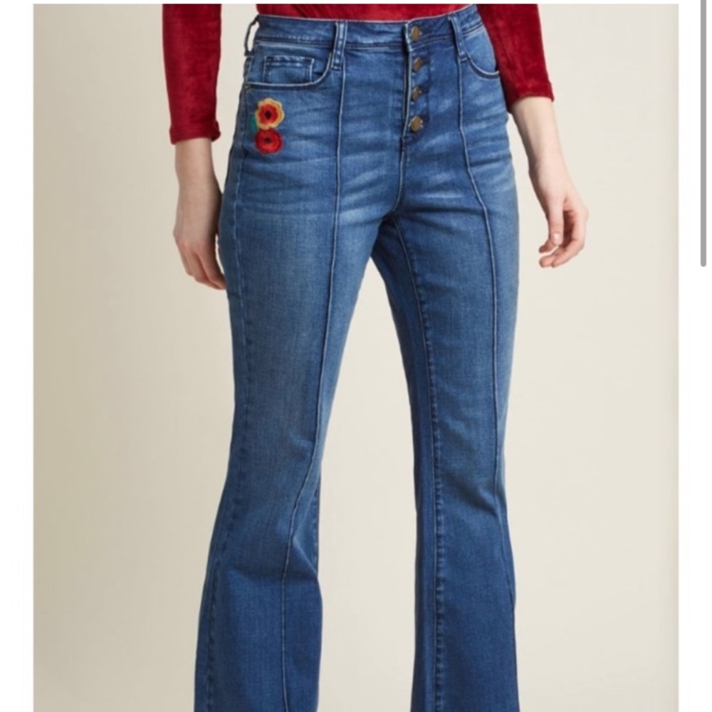 Modcloth Bell Bottom Embroidered Jeans